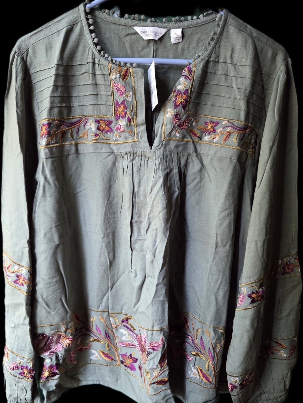 Cato Olive Green Embroidered Boho Tunic Top